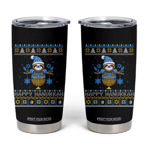 Happy Hanukkah Ugly Sweater Tumbler Cup Funny Sloth Carrying Menorah Jewish Gift TS12 Black Print Your Wear
