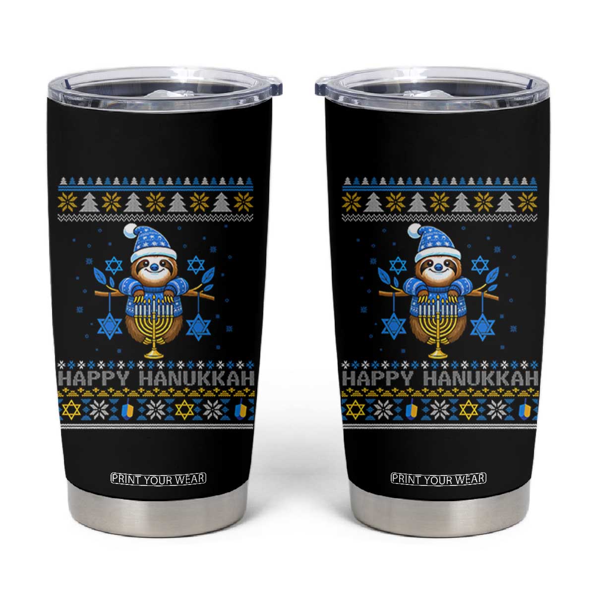 Happy Hanukkah Ugly Sweater Tumbler Cup Funny Sloth Carrying Menorah Jewish Gift TS12 Black Print Your Wear