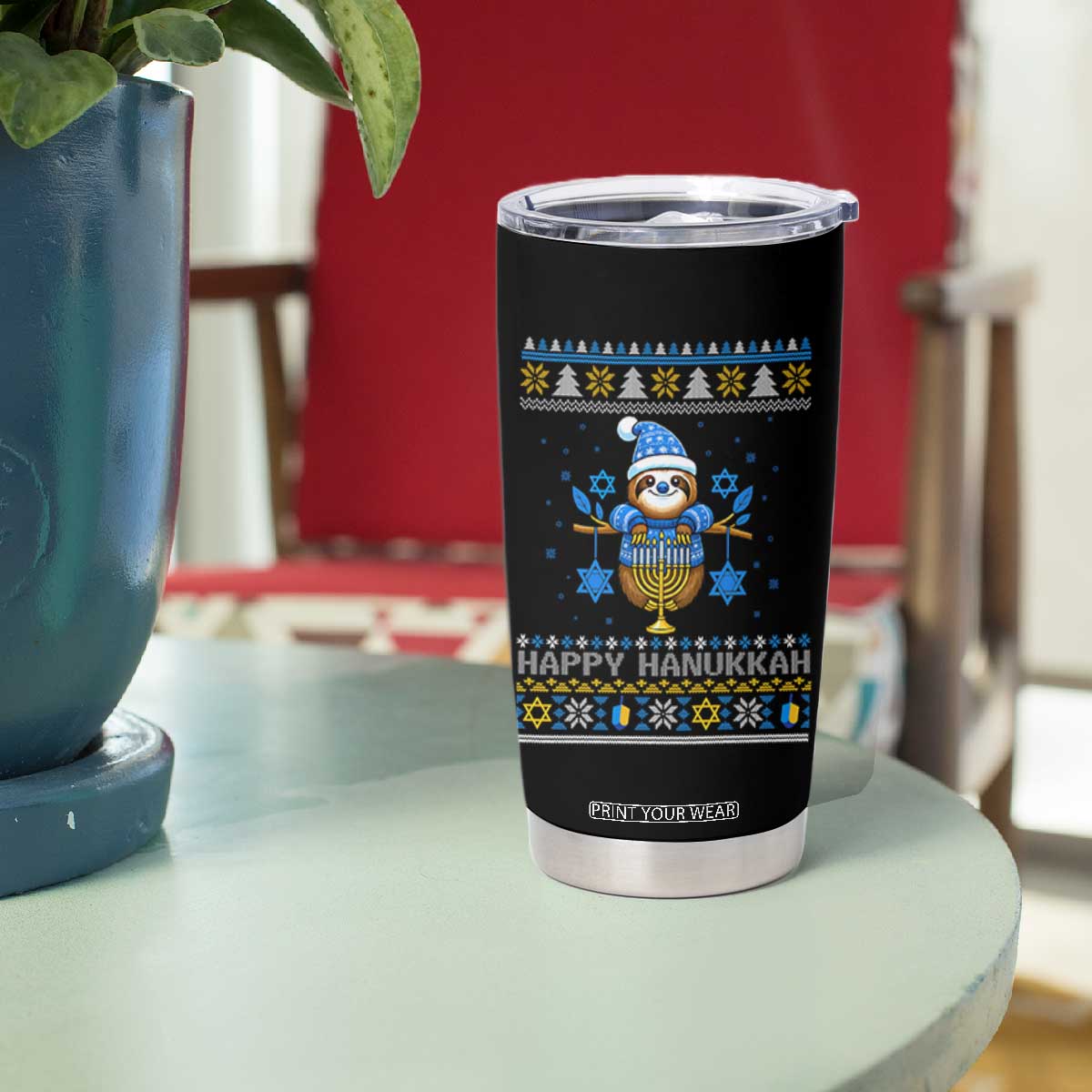 Happy Hanukkah Ugly Sweater Tumbler Cup Funny Sloth Carrying Menorah Jewish Gift TS12 Print Your Wear