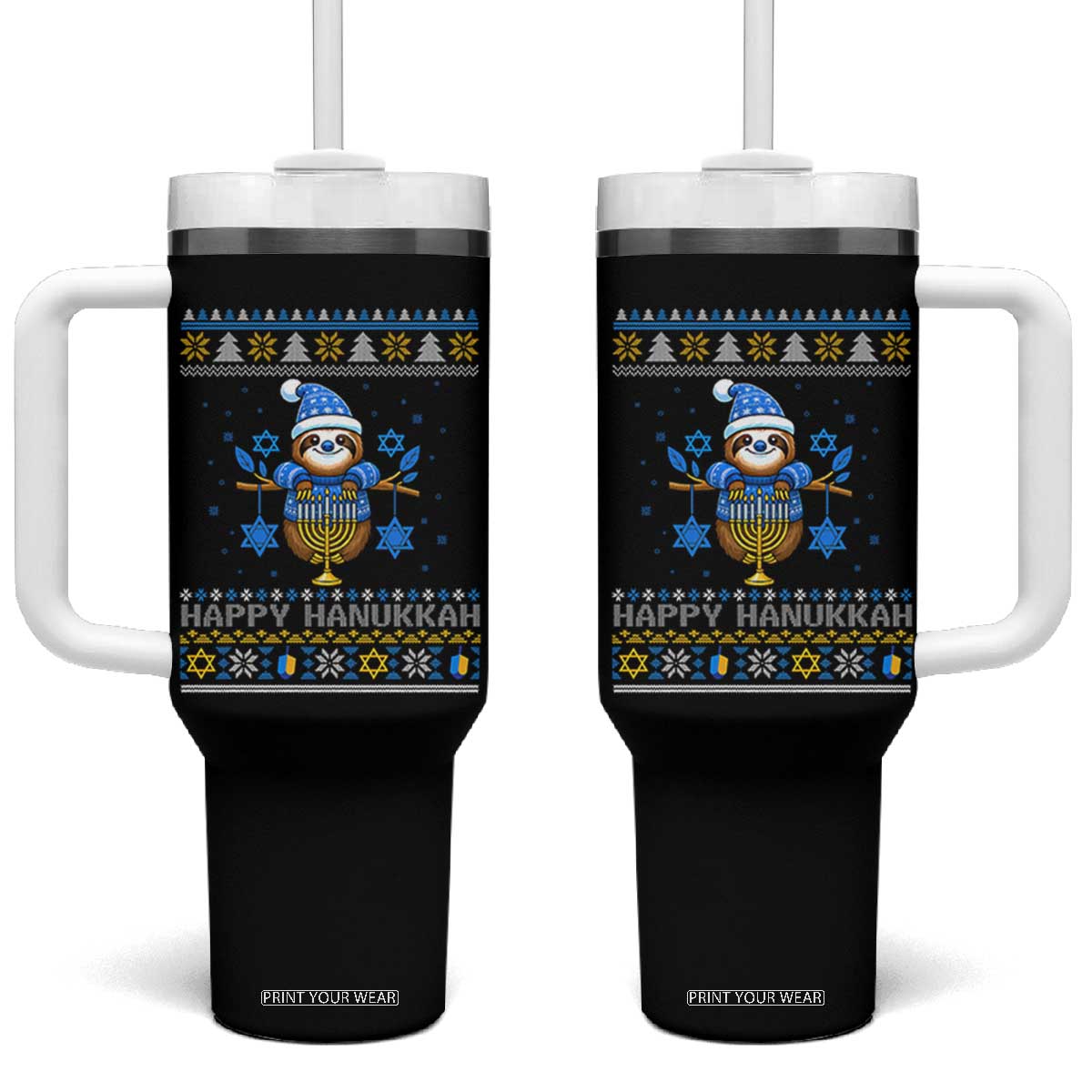 Happy Hanukkah Ugly Sweater Tumbler With Handle Funny Sloth Carrying Menorah Jewish Gift TS12 One Size: 40 oz Black Print Your Wear