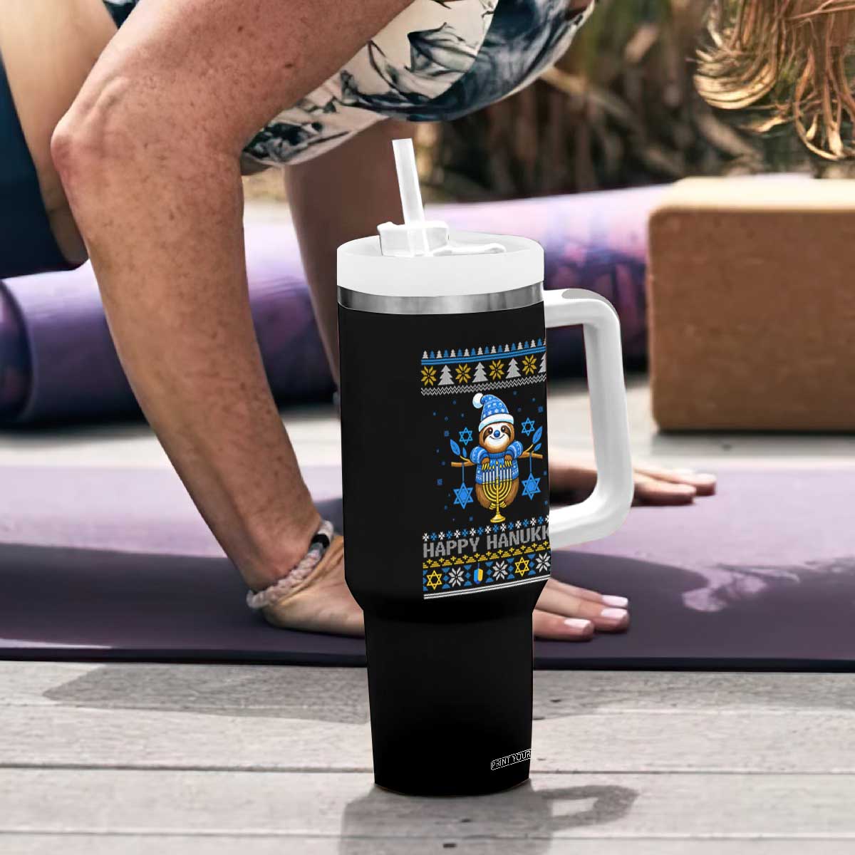 Happy Hanukkah Ugly Sweater Tumbler With Handle Funny Sloth Carrying Menorah Jewish Gift TS12 Print Your Wear