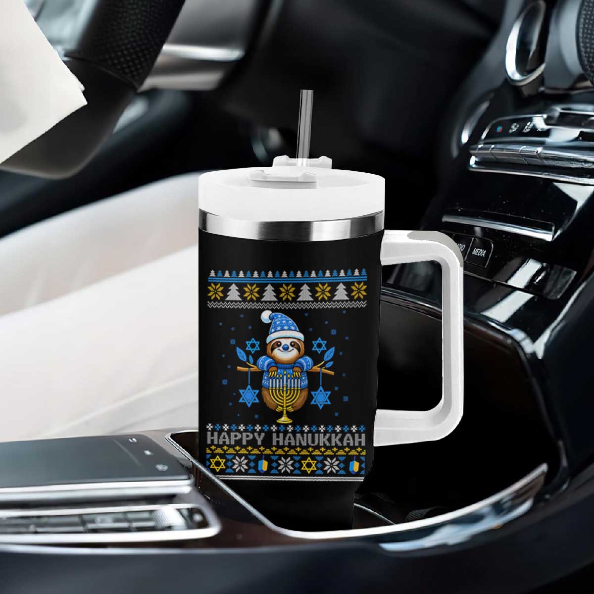 Happy Hanukkah Ugly Sweater Tumbler With Handle Funny Sloth Carrying Menorah Jewish Gift TS12 Print Your Wear