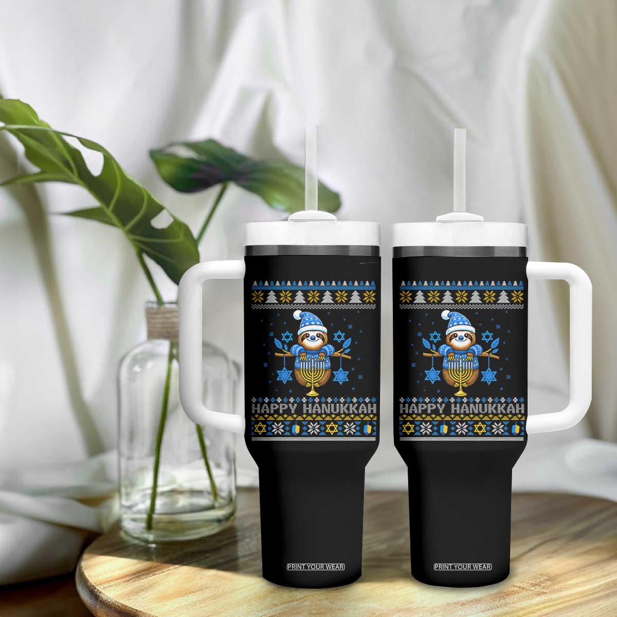Happy Hanukkah Ugly Sweater Tumbler With Handle Funny Sloth Carrying Menorah Jewish Gift TS12 Print Your Wear