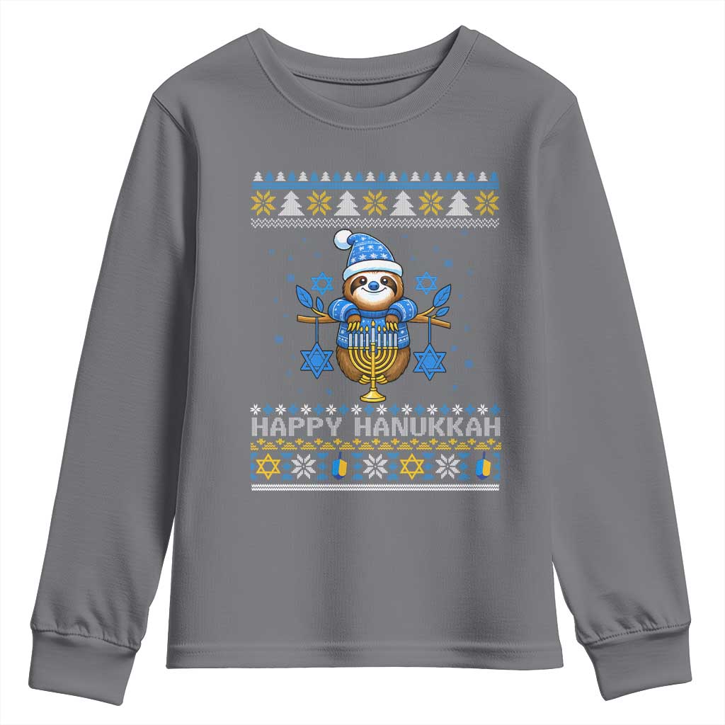 Happy Hanukkah Ugly Sweater Youth Sweatshirt Funny Sloth Carrying Menorah Jewish Gift TS12 Charcoal Print Your Wear
