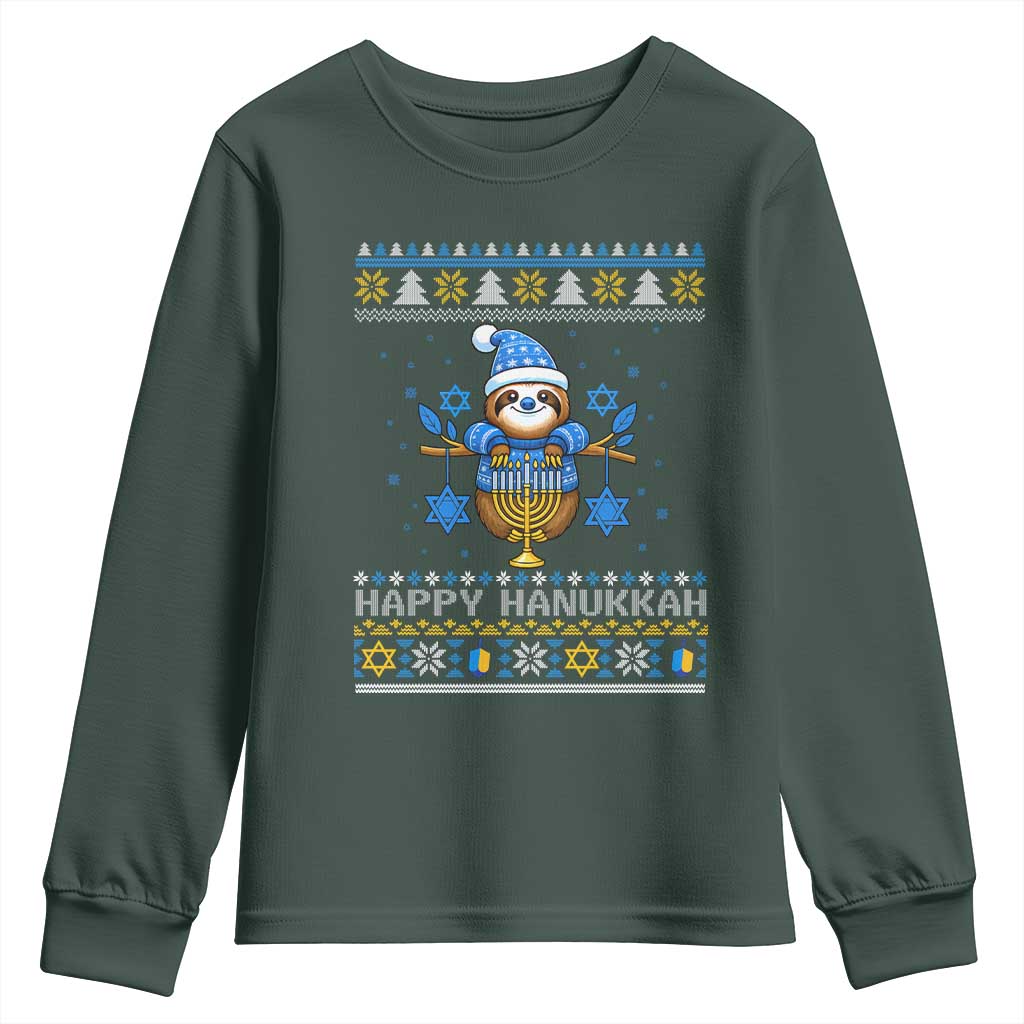 Happy Hanukkah Ugly Sweater Youth Sweatshirt Funny Sloth Carrying Menorah Jewish Gift TS12 Dark Forest Green Print Your Wear