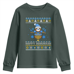Happy Hanukkah Ugly Sweater Youth Sweatshirt Funny Sloth Carrying Menorah Jewish Gift TS12 Dark Forest Green Print Your Wear