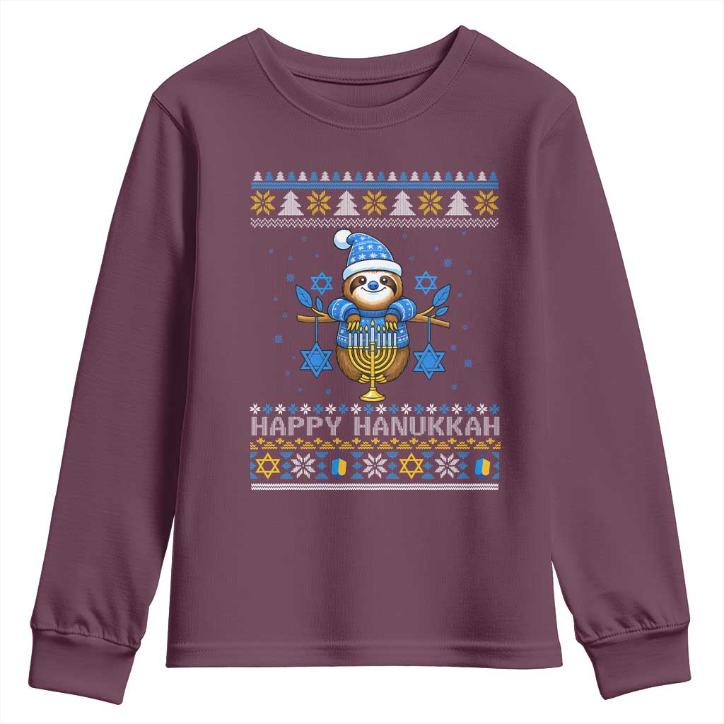 Happy Hanukkah Ugly Sweater Youth Sweatshirt Funny Sloth Carrying Menorah Jewish Gift TS12 Maroon Print Your Wear