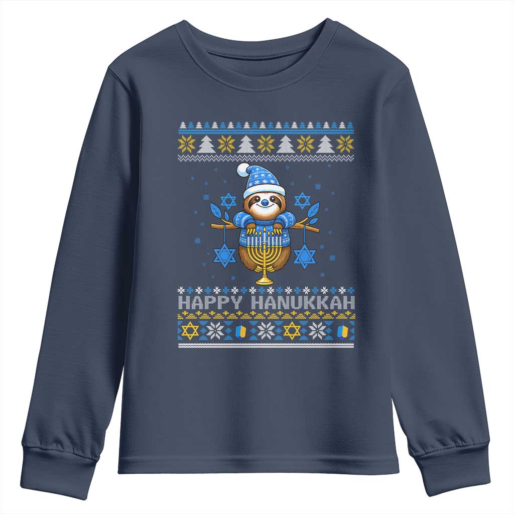 Happy Hanukkah Ugly Sweater Youth Sweatshirt Funny Sloth Carrying Menorah Jewish Gift TS12 Navy Print Your Wear