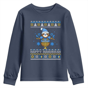 Happy Hanukkah Ugly Sweater Youth Sweatshirt Funny Sloth Carrying Menorah Jewish Gift TS12 Navy Print Your Wear