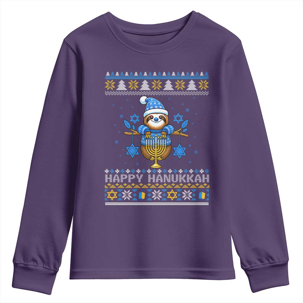 Happy Hanukkah Ugly Sweater Youth Sweatshirt Funny Sloth Carrying Menorah Jewish Gift TS12 Purple Print Your Wear