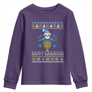 Happy Hanukkah Ugly Sweater Youth Sweatshirt Funny Sloth Carrying Menorah Jewish Gift TS12 Purple Print Your Wear