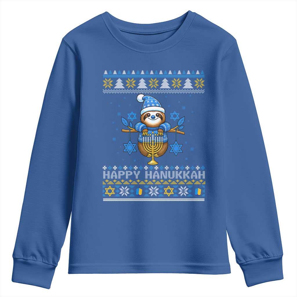Happy Hanukkah Ugly Sweater Youth Sweatshirt Funny Sloth Carrying Menorah Jewish Gift TS12 Royal Blue Print Your Wear