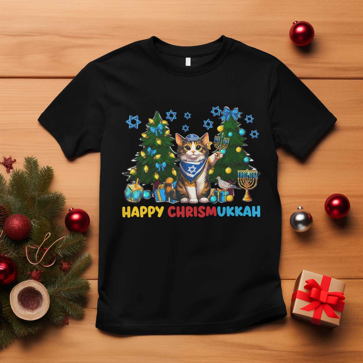 Happy Chrismukkah T Shirt Funny Christmas Hanukkah Cat Lover Gift TS12 Black Print Your Wear