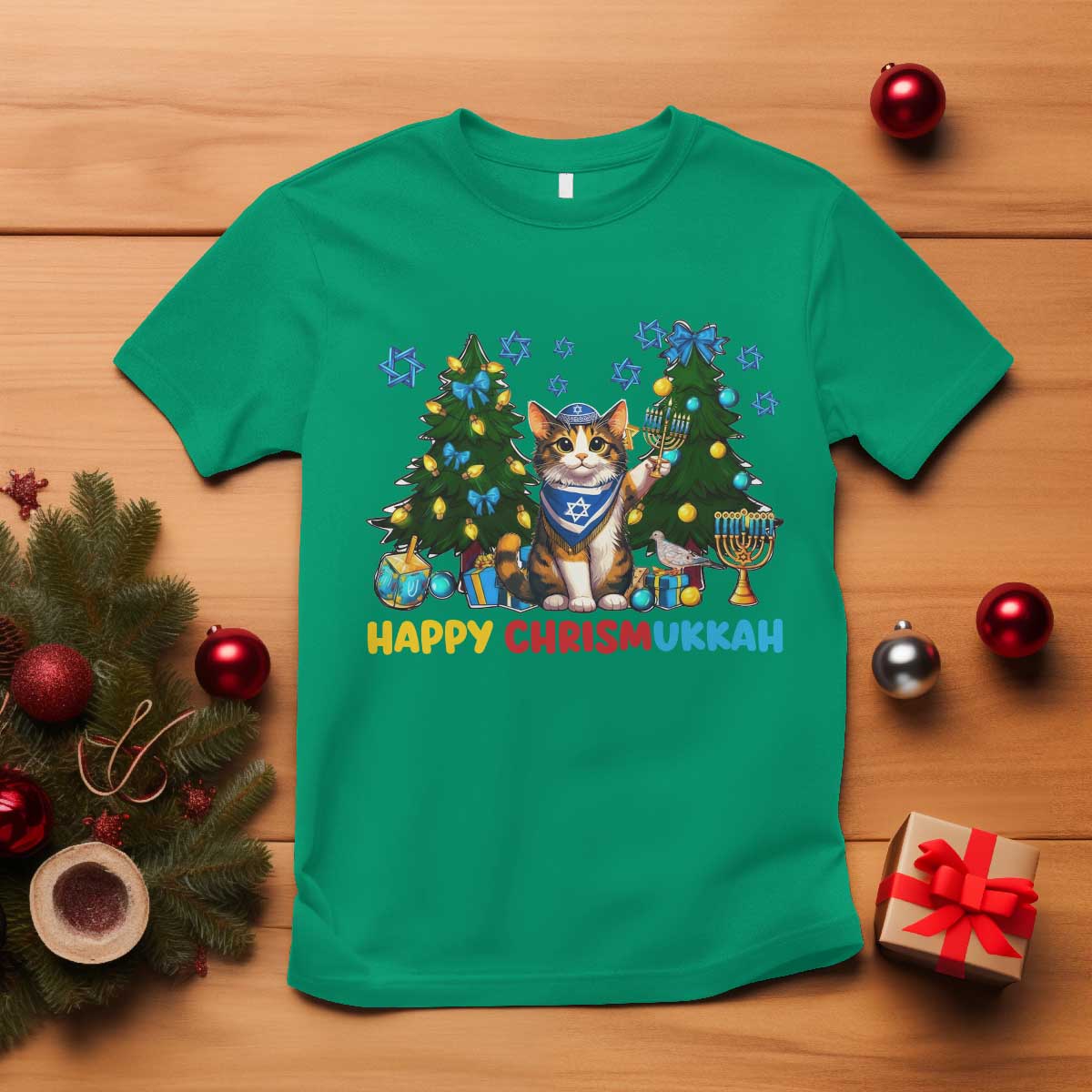 Happy Chrismukkah T Shirt Funny Christmas Hanukkah Cat Lover Gift TS12 Irish Green Print Your Wear