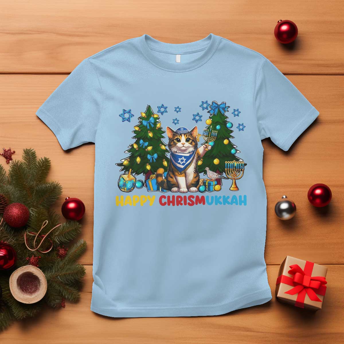 Happy Chrismukkah T Shirt Funny Christmas Hanukkah Cat Lover Gift TS12 Light Blue Print Your Wear