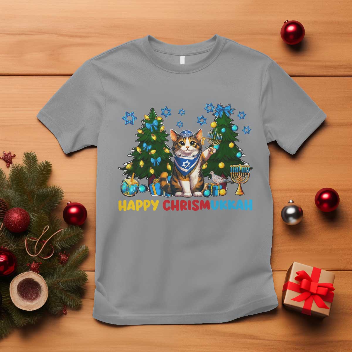 Happy Chrismukkah T Shirt Funny Christmas Hanukkah Cat Lover Gift TS12 Sport Gray Print Your Wear