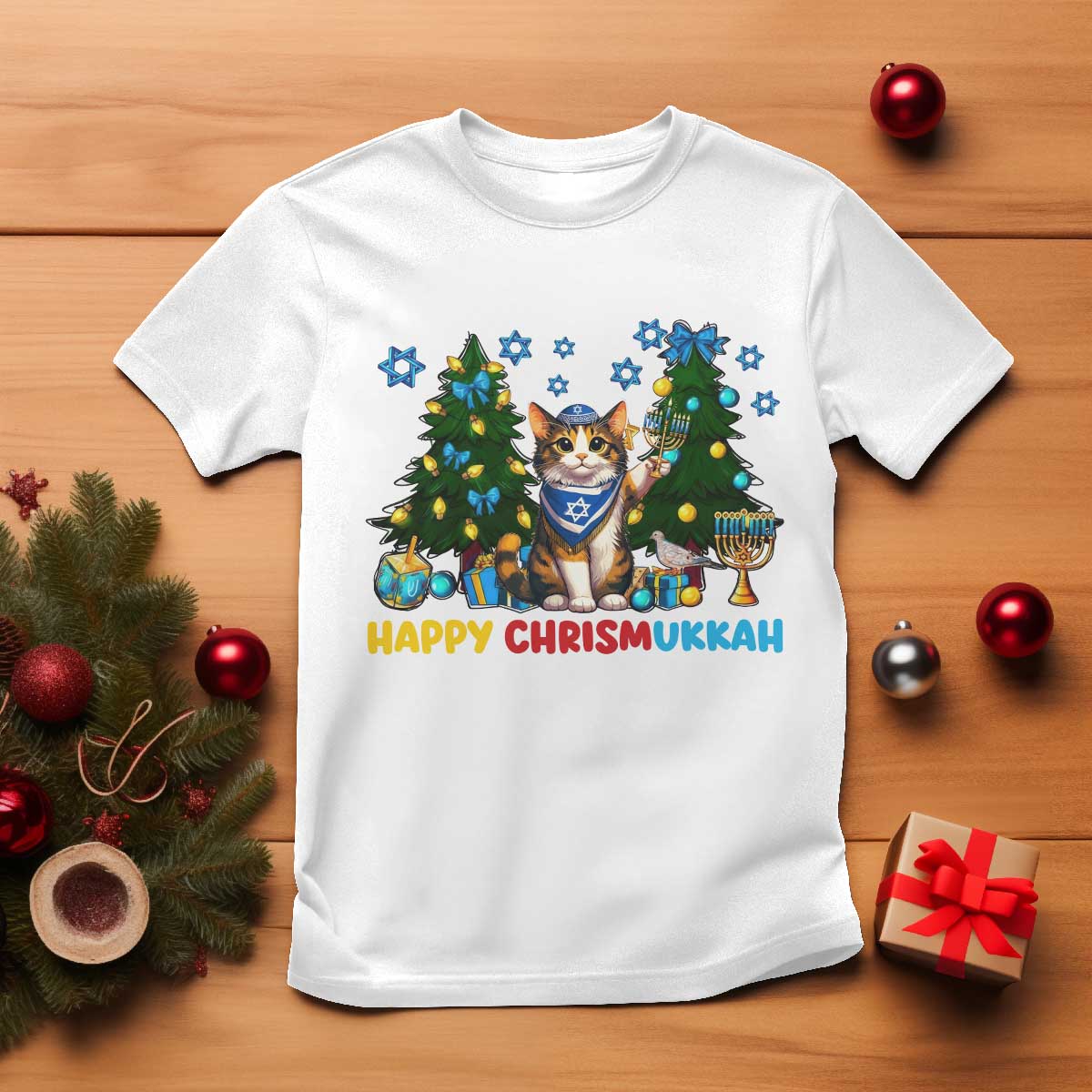 Happy Chrismukkah T Shirt Funny Christmas Hanukkah Cat Lover Gift TS12 White Print Your Wear