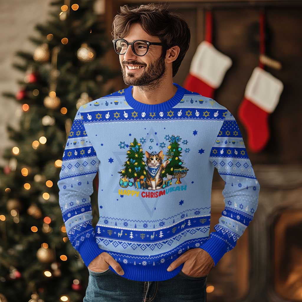 Happy Chrismukkah Hanukkah Ugly Sweater Funny Christmas Cat Lover Gift TS12 Light Blue Royal Blue Print Your Wear