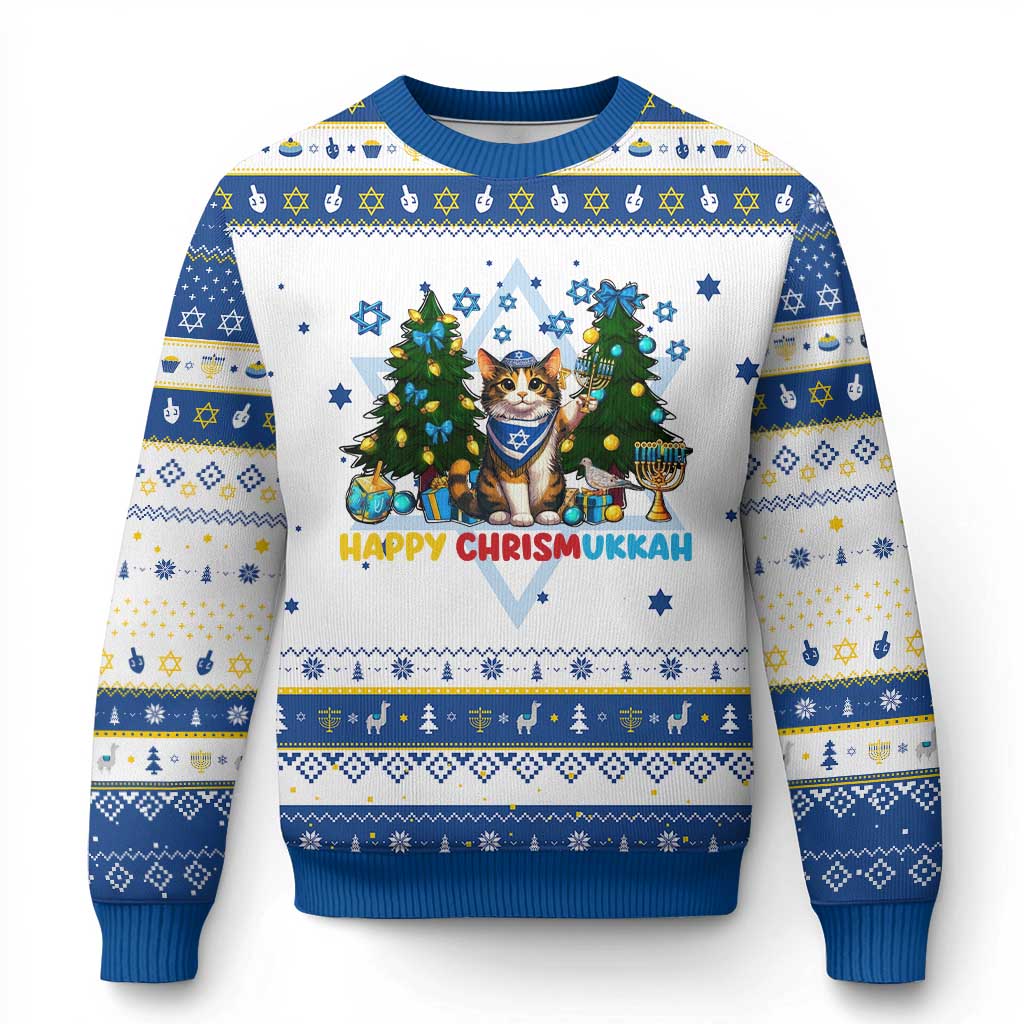 Happy Chrismukkah Hanukkah Ugly Sweater Funny Christmas Cat Lover Gift TS12 White Royal Blue Print Your Wear