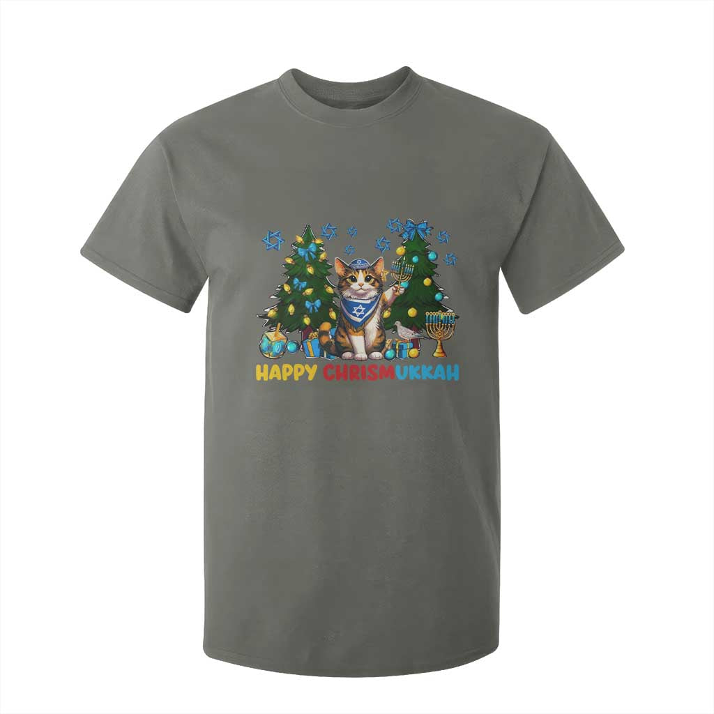 Happy Chrismukkah T Shirt For Kid Funny Christmas Hanukkah Cat Lover Gift TS12 Military Green Print Your Wear