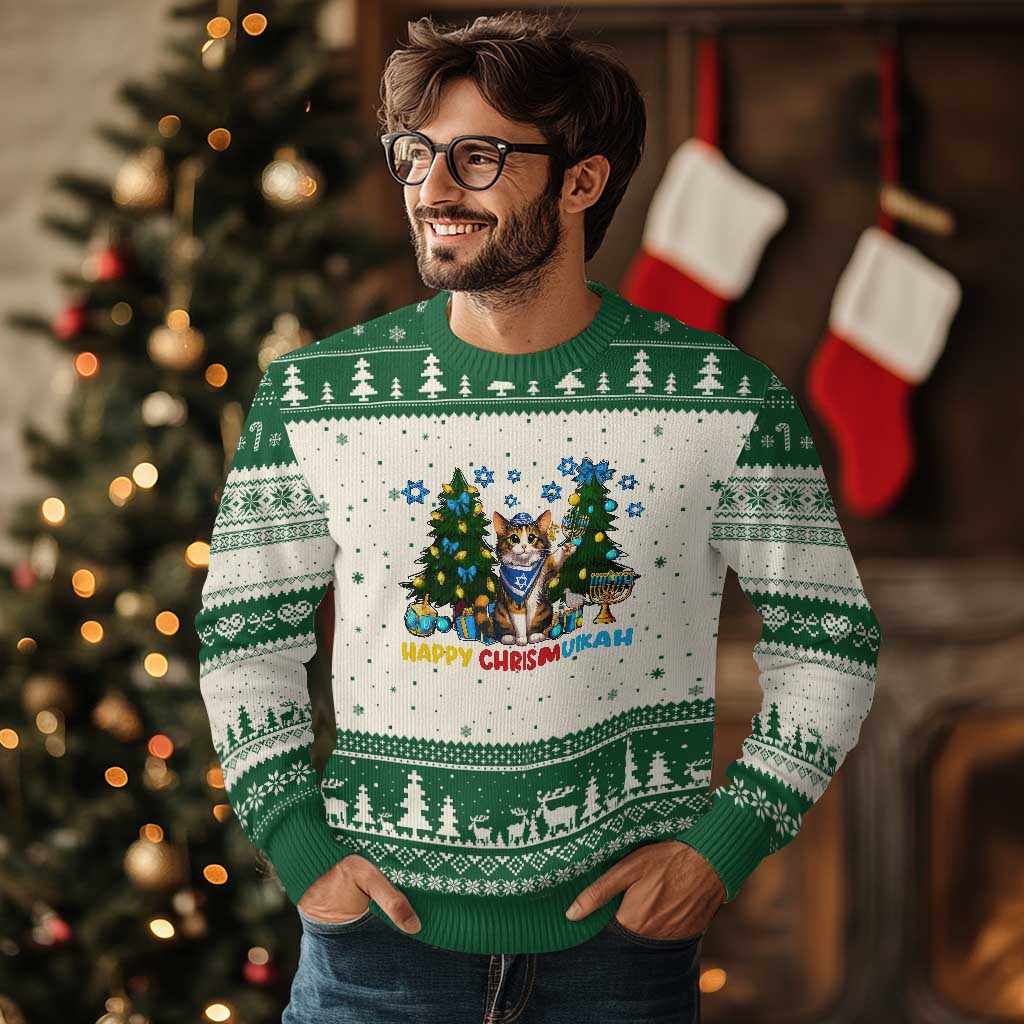 Happy Chrismukkah Ugly Christmas Sweater Funny Xmas Hanukkah Cat Lover Gift TS12 Beige Green Print Your Wear