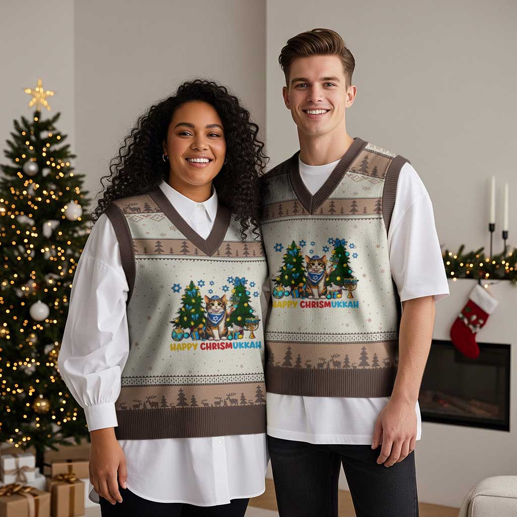 Happy Chrismukkah V-Neck Knit Sweater Vest Funny Xmas Hanukkah Cat Lover Gift TS12 Mocha Mousse Print Your Wear