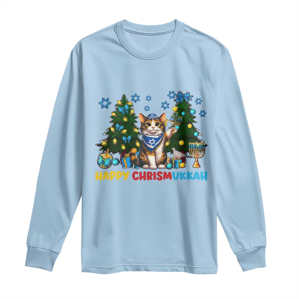 Happy Chrismukkah Long Sleeve Shirt Funny Christmas Hanukkah Cat Lover Gift TS12 Light Blue Print Your Wear