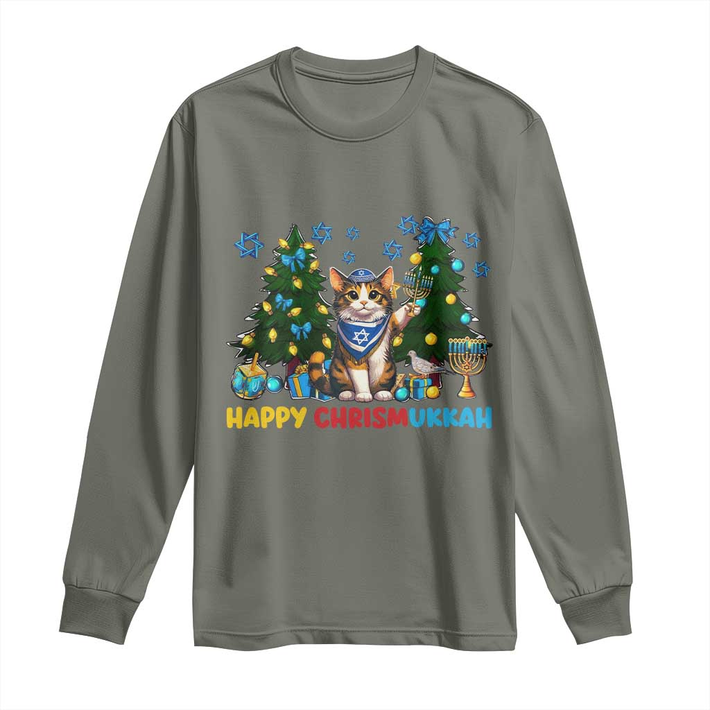 Happy Chrismukkah Long Sleeve Shirt Funny Christmas Hanukkah Cat Lover Gift TS12 Military Green Print Your Wear