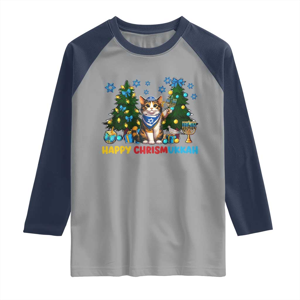 Happy Chrismukkah Raglan Shirt Funny Christmas Hanukkah Cat Lover Gift TS12 Sport Gray Navy Print Your Wear