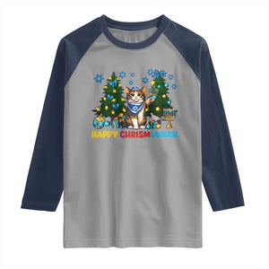 Happy Chrismukkah Raglan Shirt Funny Christmas Hanukkah Cat Lover Gift TS12 Sport Gray Navy Print Your Wear