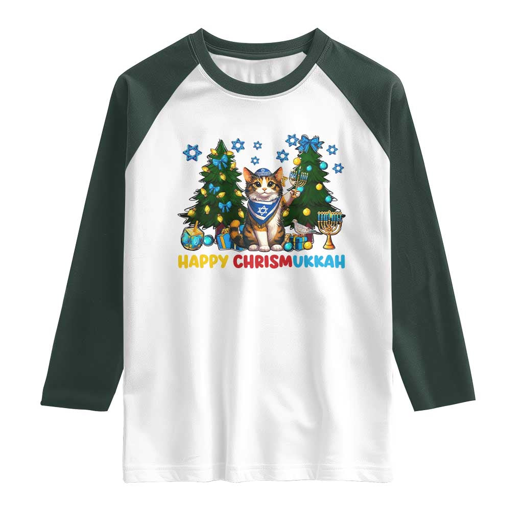 Happy Chrismukkah Raglan Shirt Funny Christmas Hanukkah Cat Lover Gift TS12 White Dark Forest Green Print Your Wear