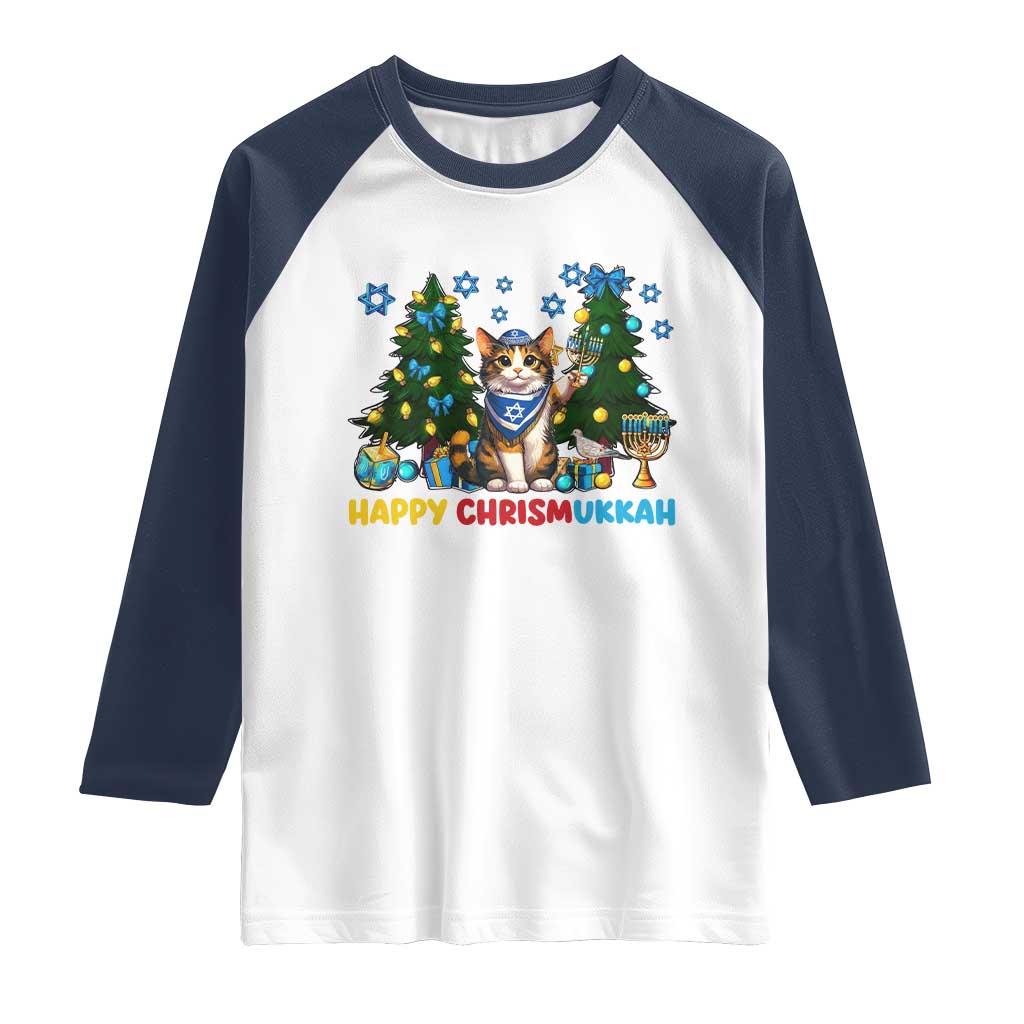 Happy Chrismukkah Raglan Shirt Funny Christmas Hanukkah Cat Lover Gift TS12 White Navy Print Your Wear