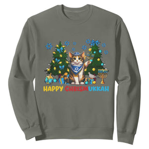 Happy Chrismukkah Sweatshirt Funny Christmas Hanukkah Cat Lover Gift TS12 Military Green Print Your Wear
