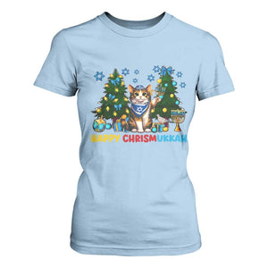 Happy Chrismukkah T Shirt For Women Funny Christmas Hanukkah Cat Lover Gift TS12 Light Blue Print Your Wear
