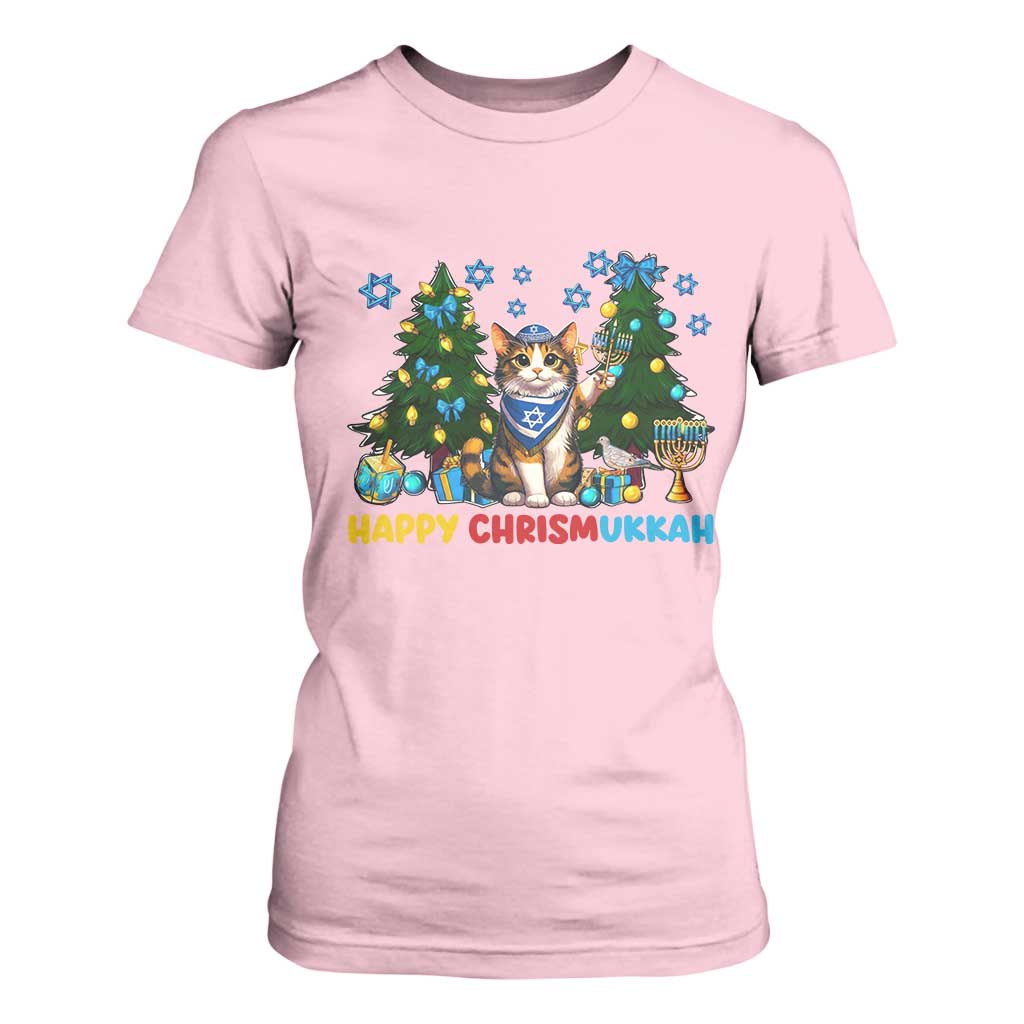 Happy Chrismukkah T Shirt For Women Funny Christmas Hanukkah Cat Lover Gift TS12 Light Pink Print Your Wear