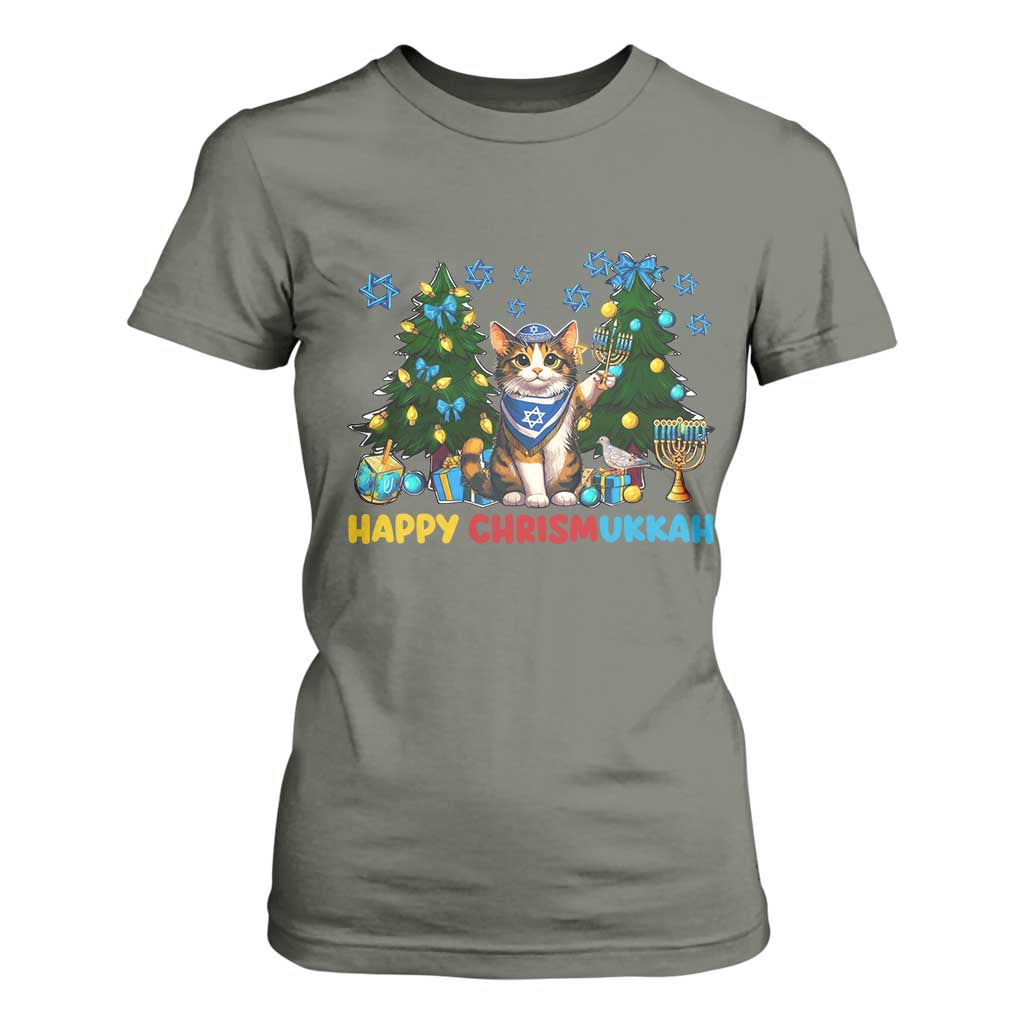 Happy Chrismukkah T Shirt For Women Funny Christmas Hanukkah Cat Lover Gift TS12 Military Green Print Your Wear