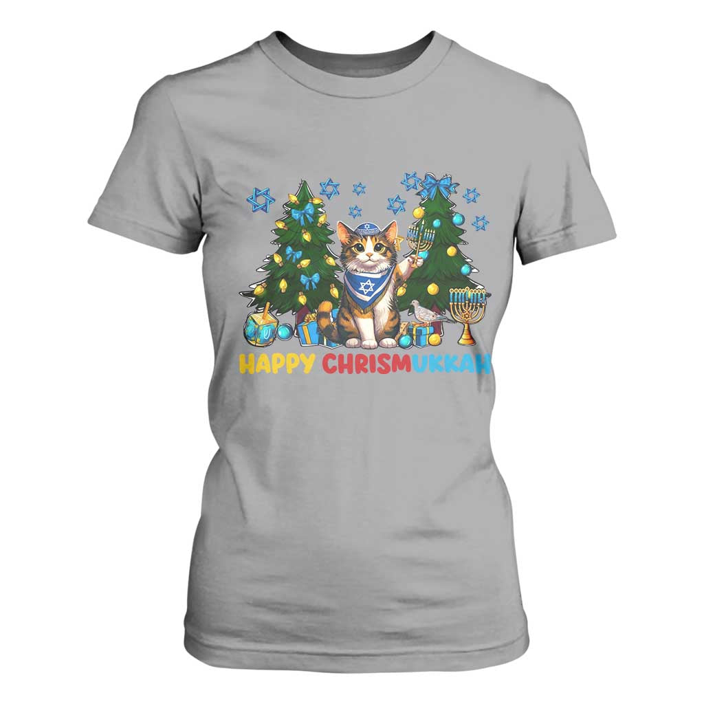 Happy Chrismukkah T Shirt For Women Funny Christmas Hanukkah Cat Lover Gift TS12 Sport Gray Print Your Wear