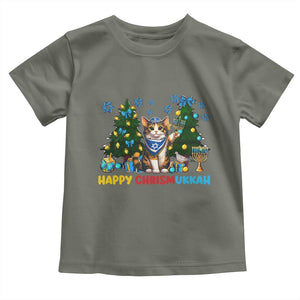 Happy Chrismukkah Toddler T Shirt Funny Christmas Hanukkah Cat Lover Gift TS12 Military Green Print Your Wear