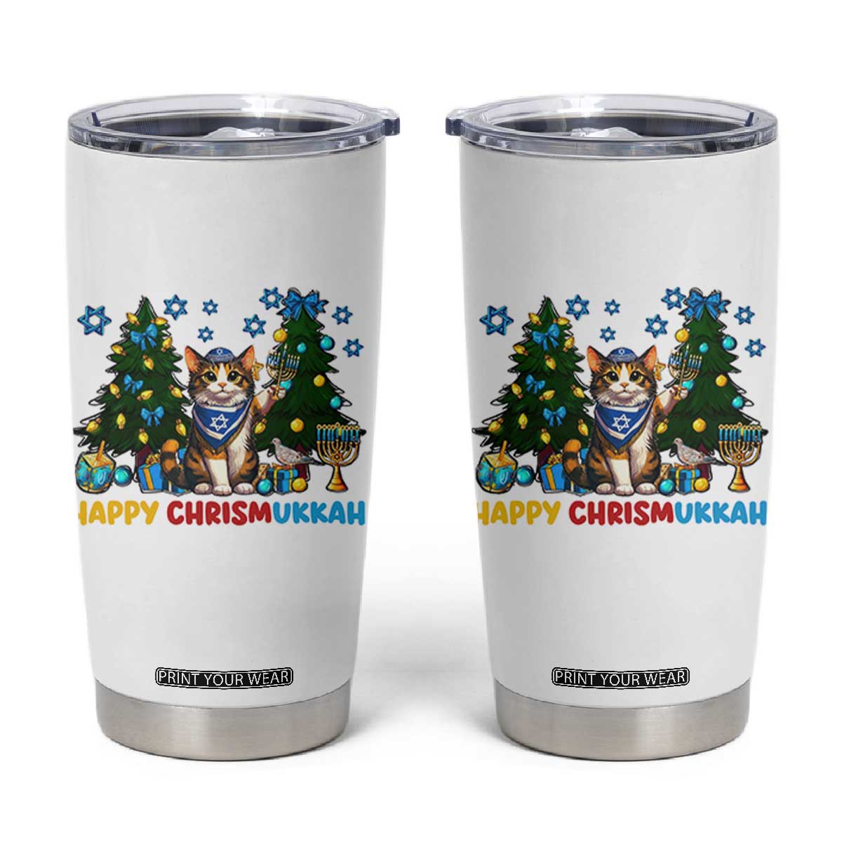 Happy Chrismukkah Tumbler Cup Funny Christmas Hanukkah Cat Lover Gift TS12 White Print Your Wear