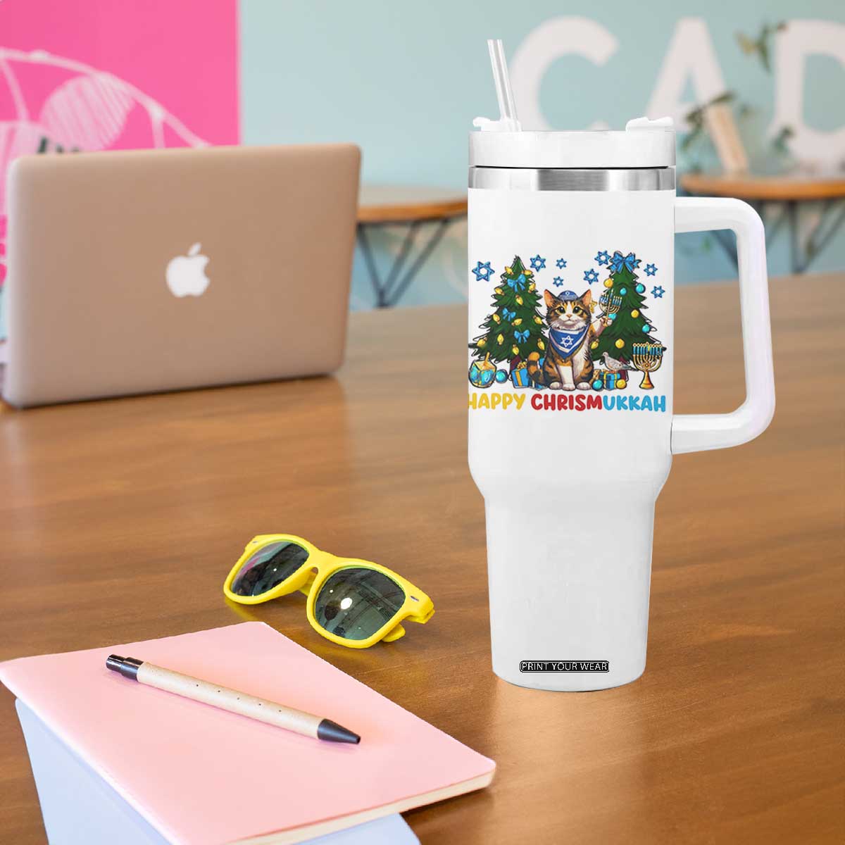 Happy Chrismukkah Tumbler With Handle Funny Christmas Hanukkah Cat Lover Gift TS12 Print Your Wear