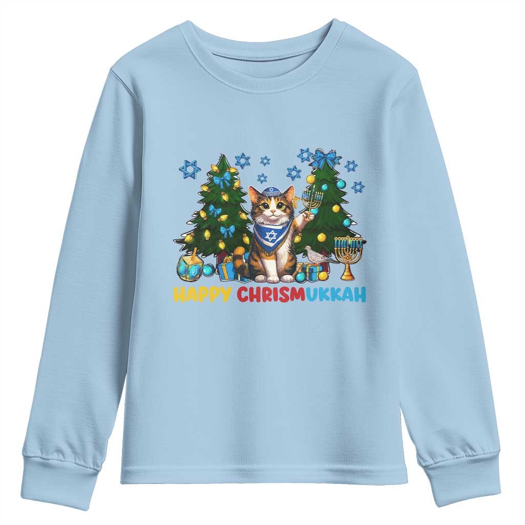 Happy Chrismukkah Youth Sweatshirt Funny Christmas Hanukkah Cat Lover Gift TS12 Light Blue Print Your Wear