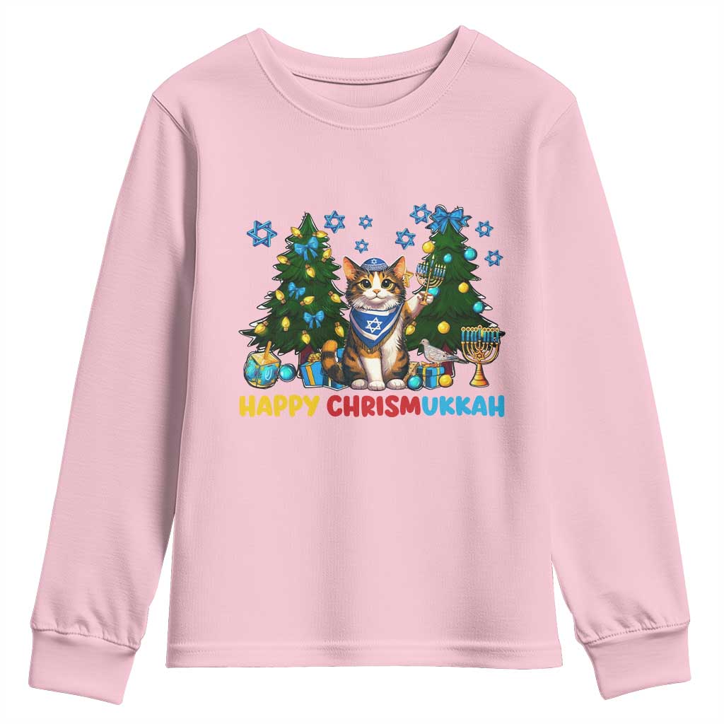 Happy Chrismukkah Youth Sweatshirt Funny Christmas Hanukkah Cat Lover Gift TS12 Light Pink Print Your Wear