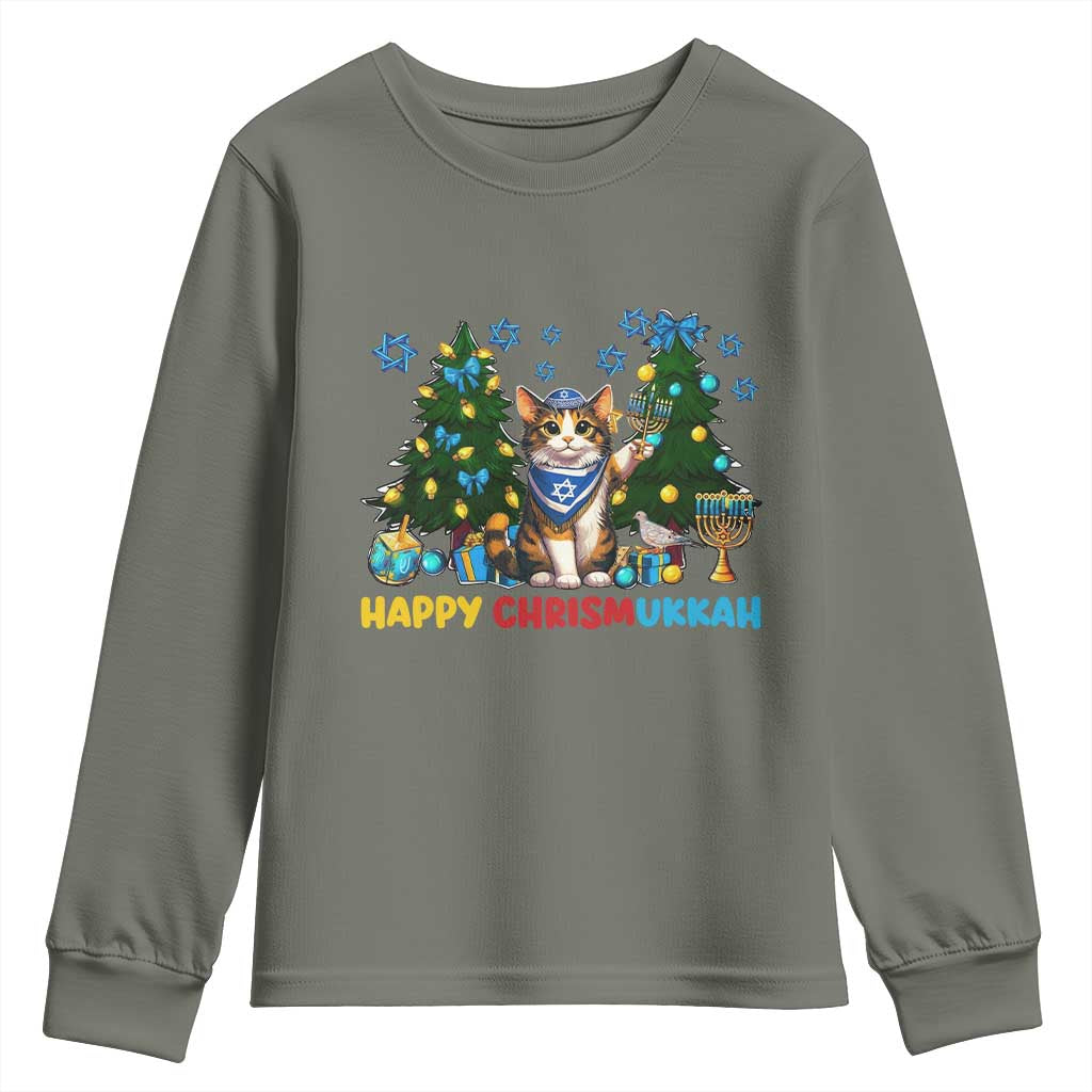 Happy Chrismukkah Youth Sweatshirt Funny Christmas Hanukkah Cat Lover Gift TS12 Military Green Print Your Wear