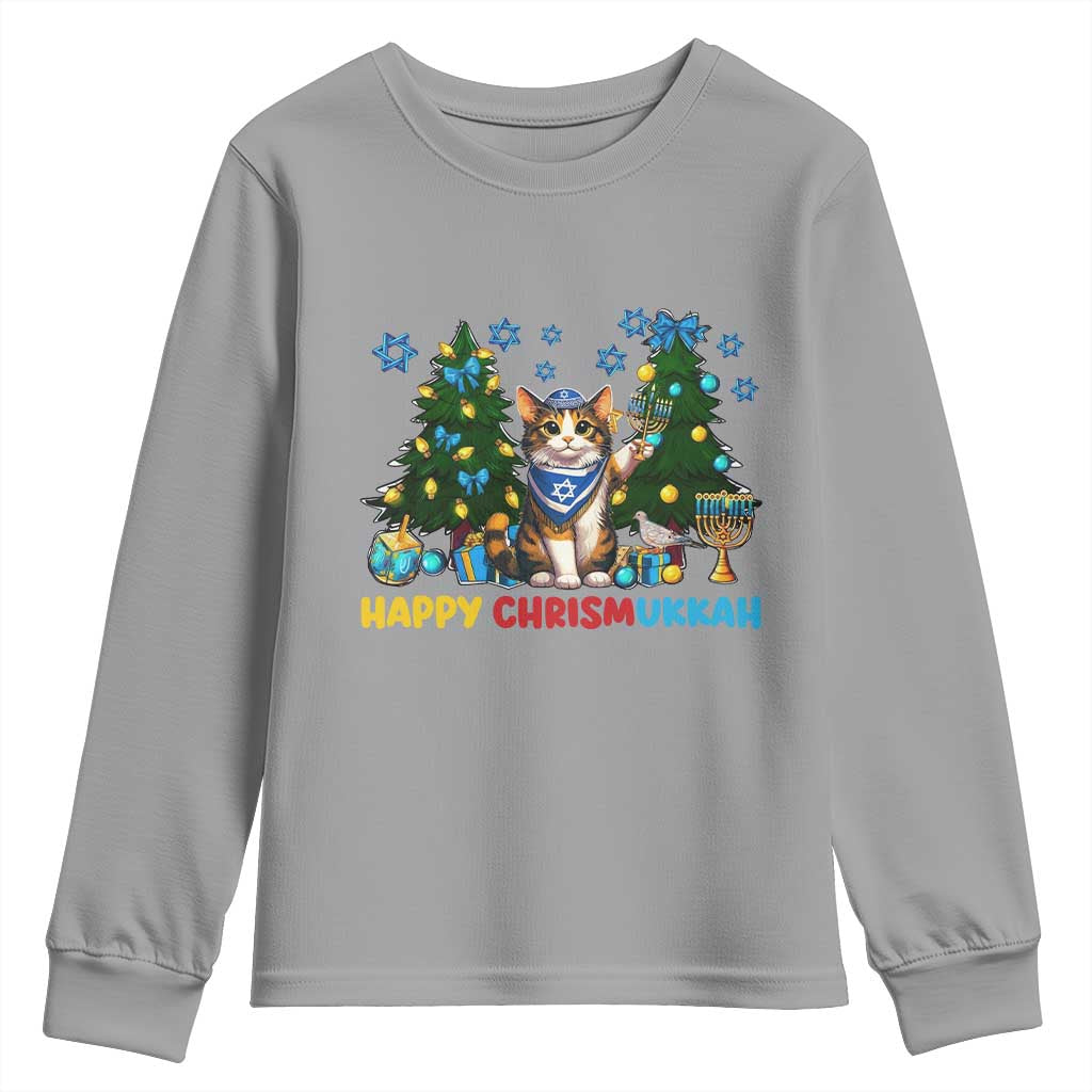 Happy Chrismukkah Youth Sweatshirt Funny Christmas Hanukkah Cat Lover Gift TS12 Sport Gray Print Your Wear
