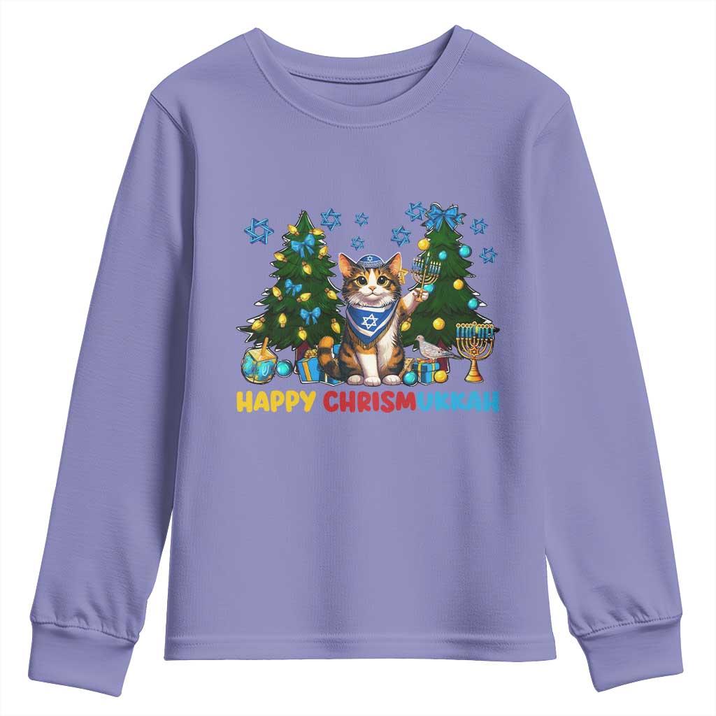 Happy Chrismukkah Youth Sweatshirt Funny Christmas Hanukkah Cat Lover Gift TS12 Violet Print Your Wear