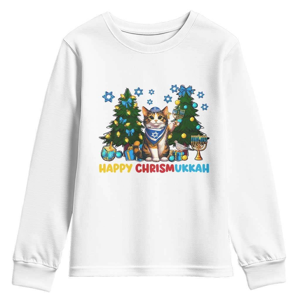 Happy Chrismukkah Youth Sweatshirt Funny Christmas Hanukkah Cat Lover Gift TS12 White Print Your Wear