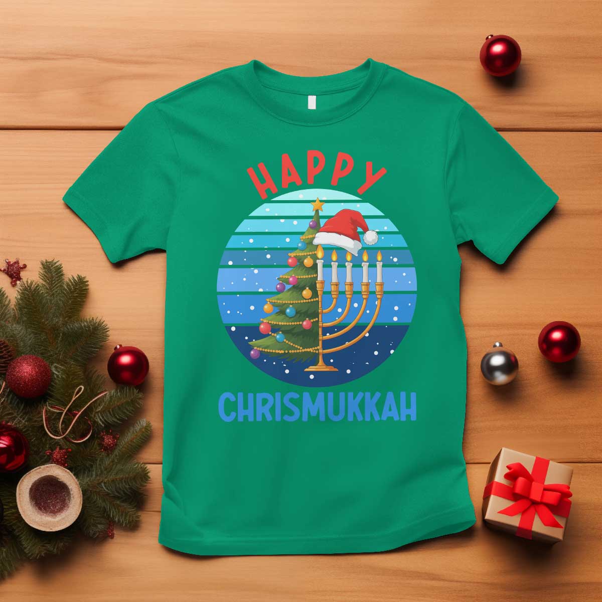 Happy Chrismukkah T Shirt Menorah Candle Christmas Tree Holiday Jewish Gift TS12 Irish Green Print Your Wear