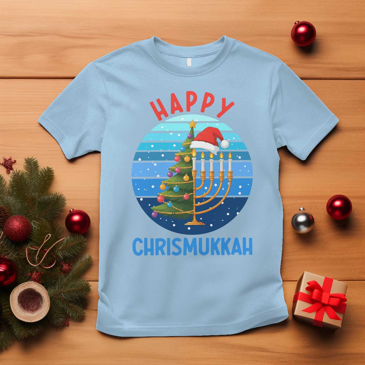 Happy Chrismukkah T Shirt Menorah Candle Christmas Tree Holiday Jewish Gift TS12 Light Blue Print Your Wear