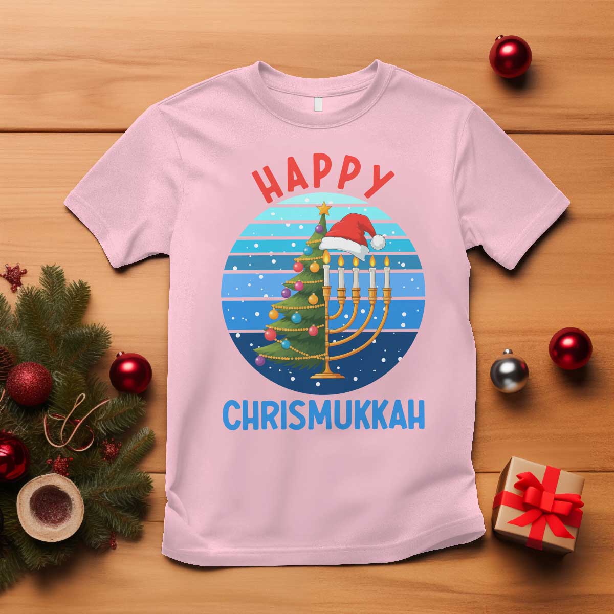 Happy Chrismukkah T Shirt Menorah Candle Christmas Tree Holiday Jewish Gift TS12 Light Pink Print Your Wear