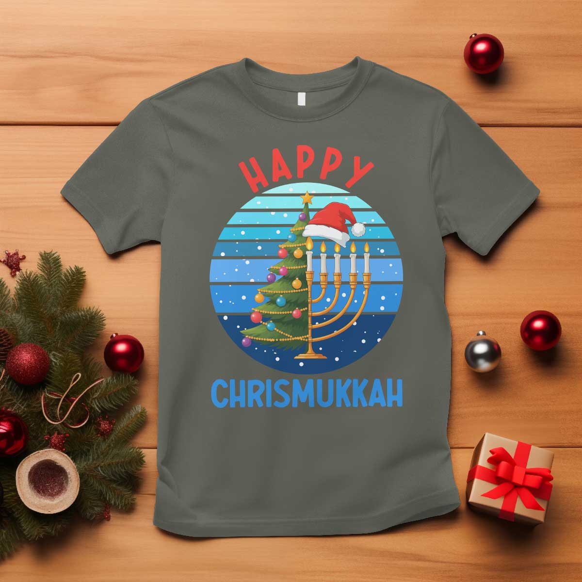 Happy Chrismukkah T Shirt Menorah Candle Christmas Tree Holiday Jewish Gift TS12 Military Green Print Your Wear
